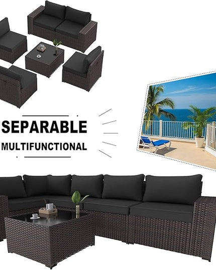 Kullavik 6PCS Outdoor Patio Furniture Set PE Wicker Rattan Sectional Sofa Patio Conversation Sets,Black - LeafyLoom