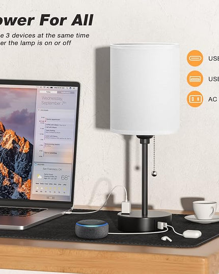 Small Bedroom Lamps with USB C and A Ports 3 Color Temperatures - 2700K 3500K 5000K Pull Chain White Nightstand Bedside Table Lamps with AC Outlet, Metal Base for Kids Reading - LeafyLoom
