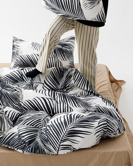 Black Leaves Comforter Cal King Black and White Palm Leaf Printed Comforter Set Modern Boho Black Tropical Botanical Leaves Bed Quilt Women Men Soft Floral Palm Black California King Comforter - LeafyLoom
