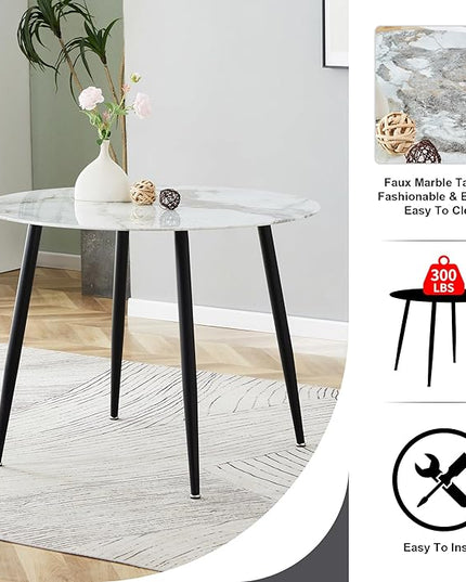 NicBex Modern Round Minimalist Circular Dining Table with A Diameter of 40 Inches, a 0.3 Inch Thick White Imitation Marble Pattern Tabletop and Black Metal Legs, White - LeafyLoom