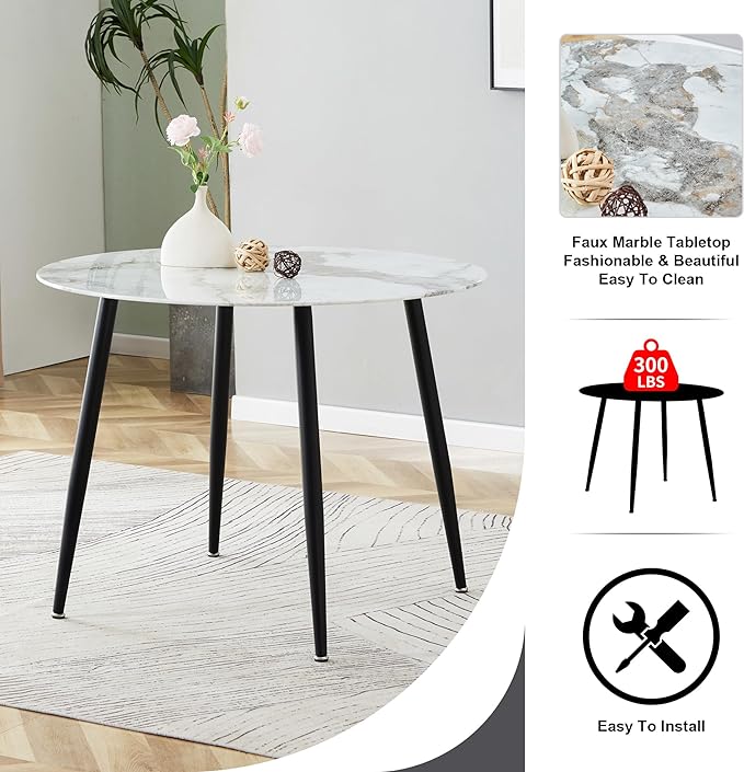 NicBex Modern Round Minimalist Circular Dining Table with A Diameter of 40 Inches, a 0.3 Inch Thick White Imitation Marble Pattern Tabletop and Black Metal Legs, White - LeafyLoom