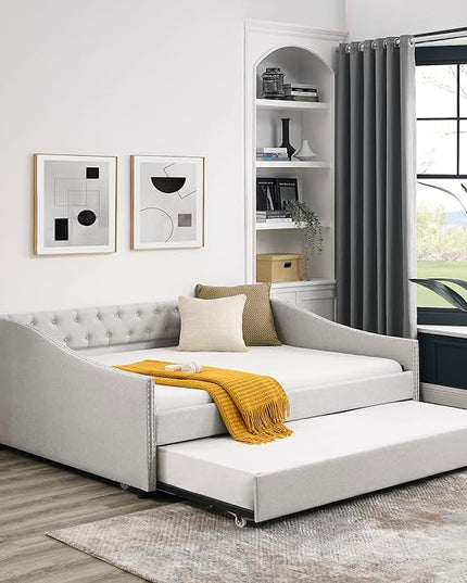 RITSU Full Size Daybed Pull Out Upholstered, with Casters，Tufted Buttons on Back, Wooden Frame Sofa Bed, Copper Nail on Waved Shape Arms, for Bedroom, Living Room, 80.50, Beige-3 - LeafyLoom