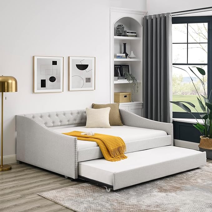Full Size Daybed with Twin Size Trundle, Upholstered Tufted Sofa Bed, with Nailhead Trim,with Button on Back,for Bedroom,Livingroom,Small Space,Beige (80.5''x55.5''x27.5'') - LeafyLoom