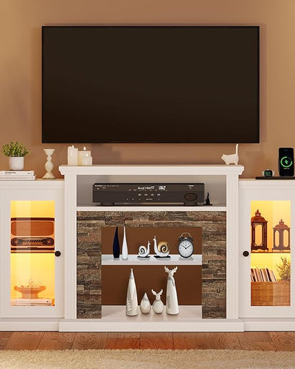 YITAHOME TV Stand for 65 55 Inch TV with LED Light & Power Outlets, 30'' Tall Highboy Entertainment Center TV Cabinets w/Glass Doors, Mid Century Modern TV Media Console Table for Living Room, White - LeafyLoom