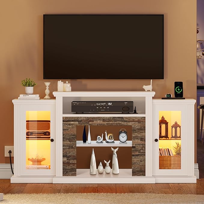 YITAHOME TV Stand for 65 55 Inch TV with LED Light & Power Outlets, 30'' Tall Highboy Entertainment Center TV Cabinets w/Glass Doors, Mid Century Modern TV Media Console Table for Living Room, White - LeafyLoom