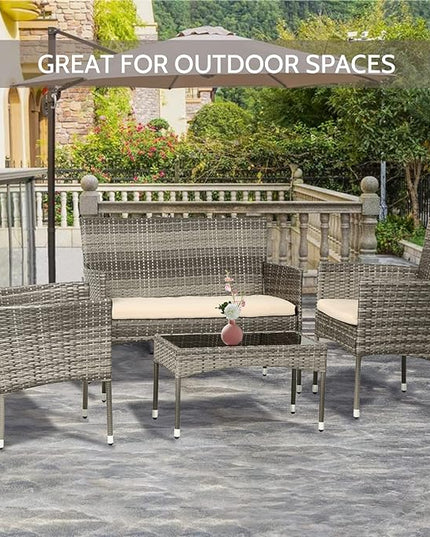 FDW Patio Conversation Set 4 Pieces Patio Furniture Set Wicker with Rattan Chair Loveseats Coffee Table for Outdoor Indoor Garden Backyard Porch Poolside Balcony,Gray Wicker/Khaki Cushions - LeafyLoom