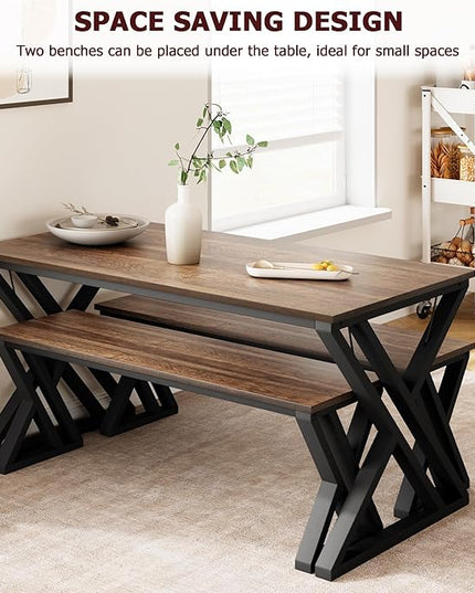 IDEALHOUSE Kitchen Table with Benches, Dining Table Benches Set for 4-6, Rectangular Kitchen Table Set with Sturdy Metal Frame, Saving Space for Kitchen, Dining Room, Apartment, 55", Retro Brown - LeafyLoom