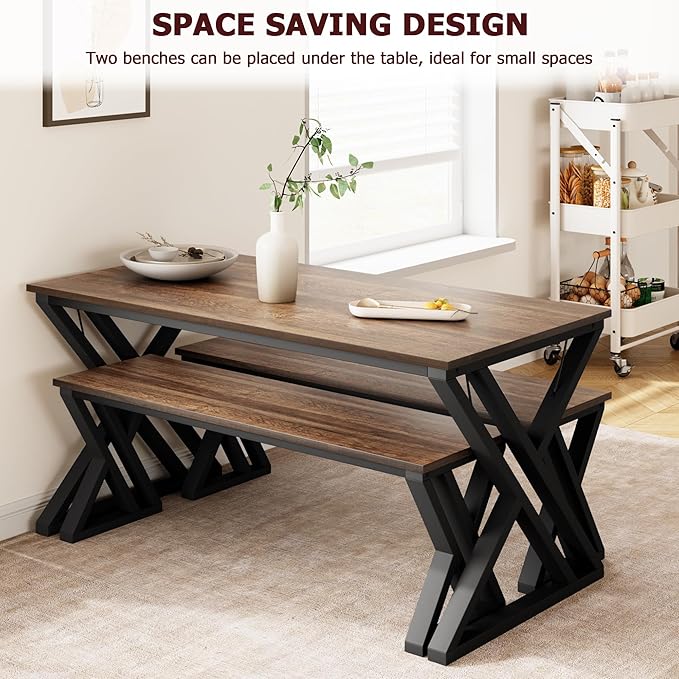 IDEALHOUSE Kitchen Table with Benches, Dining Table Benches Set for 4-6, Rectangular Kitchen Table Set with Sturdy Metal Frame, Saving Space for Kitchen, Dining Room, Apartment, 55", Retro Brown - LeafyLoom