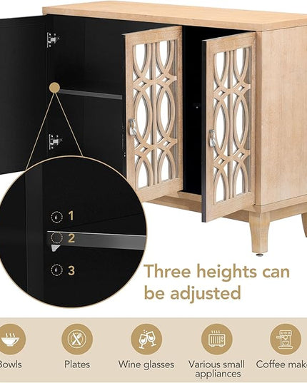 Multifunctional Sideboard with Glass, Vintage 3 Door Mirrored Buffet Cabinet,W/Silver Handle,Easy to Assemble,Console Table for Living Room Hallway Entryway,Natural Wood Wash, 47.2" - LeafyLoom