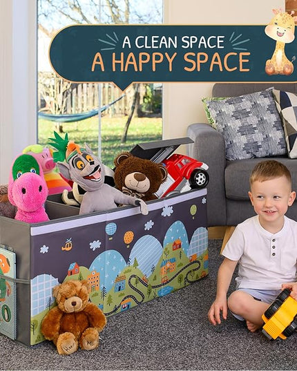 Extra Large Toy Storage Organizer with Lid - Sturdy, Collapsible Toy Chest Storage Box with Cute Design - Toys Bin with Dividers for Kids, Boys, Girls, Nursery, Bedroom, Play room 37"x16"x14" - LeafyLoom