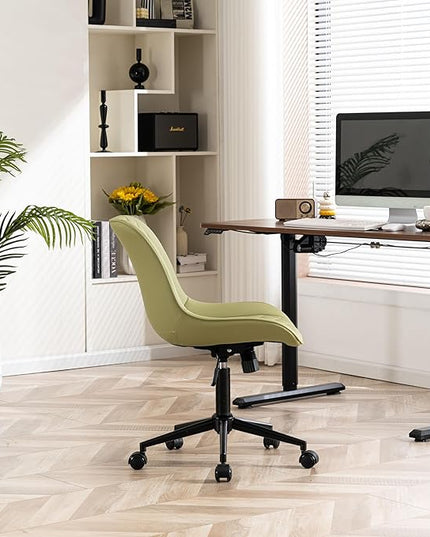 YOUNIKE Armless Office Chair with Wheels, Swivel Desk Chair Rolling Task Chair with Back, Upholstered Leather Computer Chair, Height Adjustable Modern Vanity Chair Avocado Green - LeafyLoom