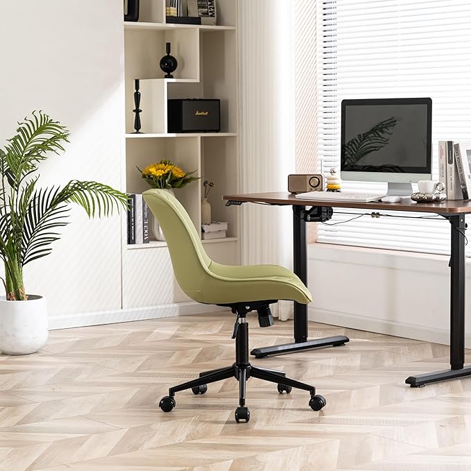 YOUNIKE Armless Office Chair with Wheels, Swivel Desk Chair Rolling Task Chair with Back, Upholstered Leather Computer Chair, Height Adjustable Modern Vanity Chair Avocado Green - LeafyLoom