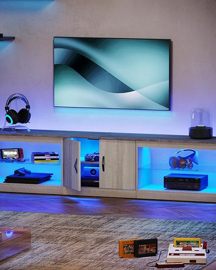Bestier 80 Inch TV Stand for Large TVs 55/65/75/85/ inch, LED Entertainment Center with Two Cabinets, Adjustable Glass Shelves ＆ Cable Management, Gaming Tv Console for Living Room, Wash White - LeafyLoom