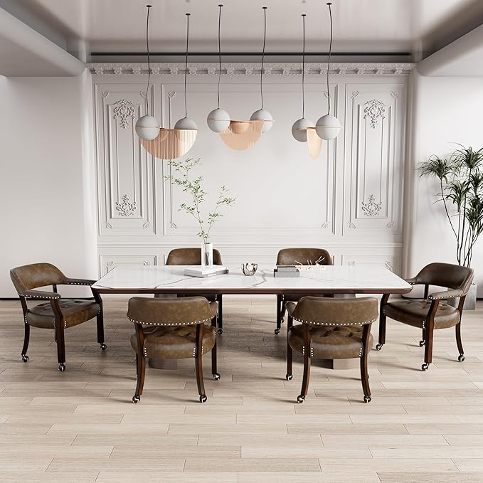 Large Dining Chairs with Casters and Arms, Rolling Dining Chairs with Wheels, Game Poker Table Chairs, Boss Caption's Chairs, 26"D x 25.2"W x 31.5"H, Espresso Legs & Choalate PU, XXY-1910-BN - LeafyLoom