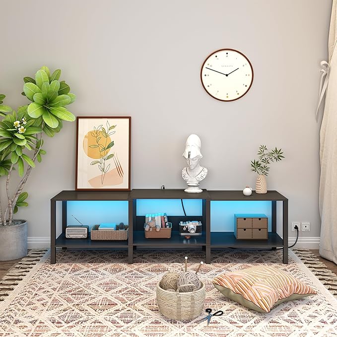 Black LED TV Stand with Power Outlet for Living Room+75 Inch Wood TV Media Console for 45/55/65/75 inch TVs，Industrial TV Stand，TV Stand Media Entertainment Center，Black LTV06BKE - LeafyLoom