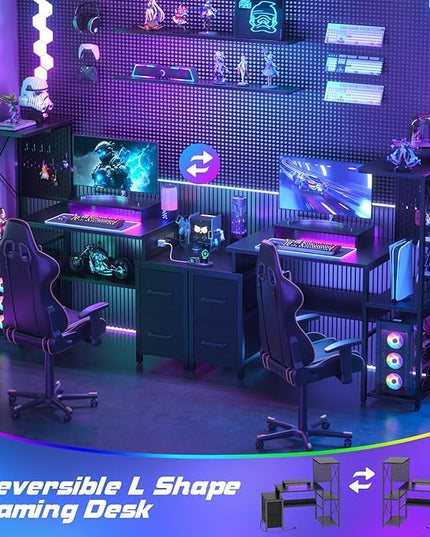 Small Gaming Desk with 2 Fabric Drawers - Reversible Computer Desk with Power Outlet & LED Lights, 49" Office Desk with Monitor Stand & Storage Shelves, Writing Study Table with Pegboard, Black - LeafyLoom
