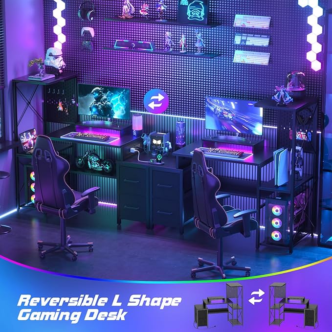 Small Gaming Desk with 2 Fabric Drawers - Reversible Computer Desk with Power Outlet & LED Lights, 49" Office Desk with Monitor Stand & Storage Shelves, Writing Study Table with Pegboard, Black - LeafyLoom