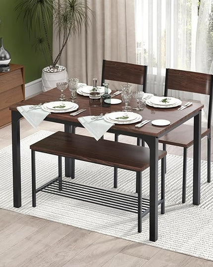 SogesHome 4 Piece Kitchen Dining Table Set for 4, Kitchen Table Bench Chairs Setfor 4, Space-Saving Table Set for Restaurant, Coffee Shop, Dark Walnut - LeafyLoom
