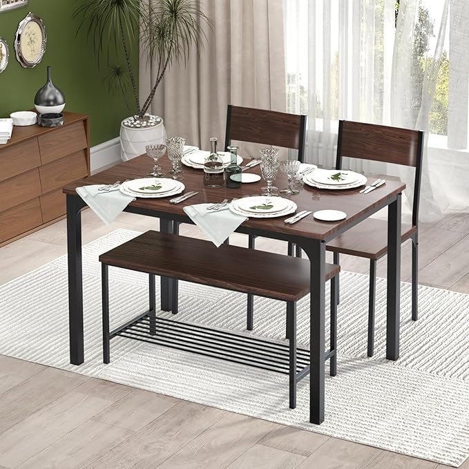 SogesHome 4 Piece Kitchen Dining Table Set for 4, Kitchen Table Bench Chairs Setfor 4, Space-Saving Table Set for Restaurant, Coffee Shop, Dark Walnut - LeafyLoom