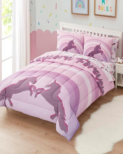 Kids Bedding Set Bed in a Bag for Boys and Girls Toddlers Printed Sheet Set and Comforter, Full, Unicorn Forever - LeafyLoom