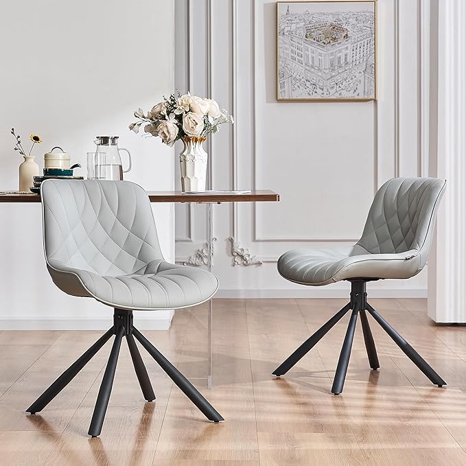 YOUNUOKE Upholstered Dining Chairs Set of 2 Comfortable Mid Century Modern Kitchen Chair with Sturdy Metal Legs Faux Leather Dinner Chairs for Kitchen Dining Room, Grey - LeafyLoom
