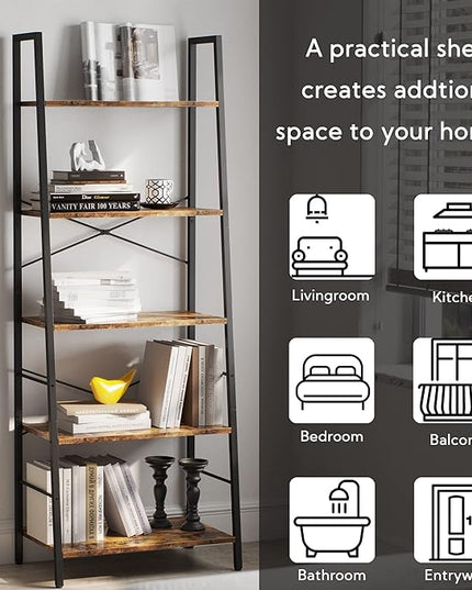 Yusong Bookshelf, Ladder Shelf 5-Tier Bookcase for Bedroom, Industrial Book Shelves Storage Rack with Metal Frame for Home Office, Rustic Brown - LeafyLoom