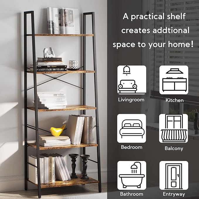 Yusong Bookshelf, Ladder Shelf 5-Tier Bookcase for Bedroom, Industrial Book Shelves Storage Rack with Metal Frame for Home Office, Rustic Brown - LeafyLoom