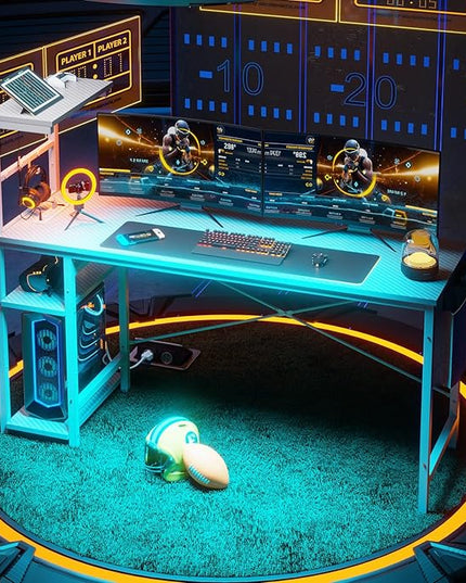 Bestier Gaming Desk with Power Outlets, 61 Inch Large Led Gamer Desk with 4 Tiers Reversible Shelves, PC Gaming Table with Headset Hook & Side Storage Bag for Bedroom (White 3D Carbon Fiber) - LeafyLoom