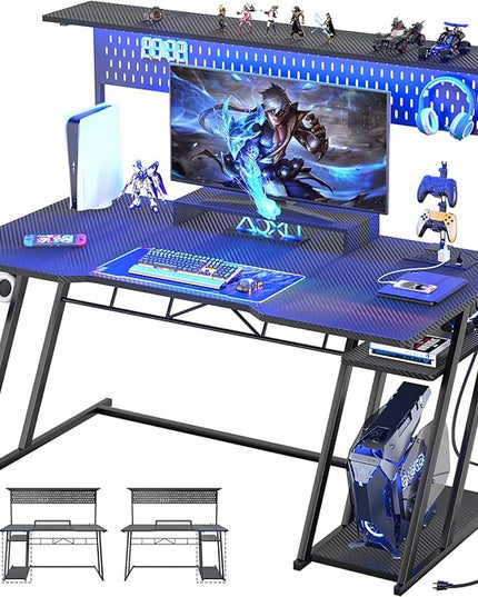 Gaming Computer Desk with Hutch and LED Lights, 55'' Black Gaming Desk with Storage Shelves, Reversible PC Gaming Desk with Pegboard, Ergonomic Desk for Bedroom, Carbon Fiber Surface - LeafyLoom