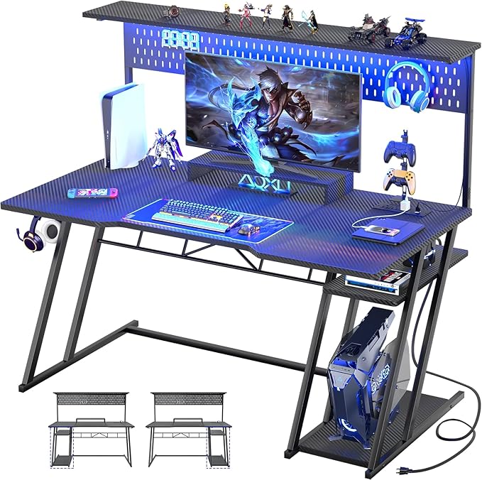 Gaming Computer Desk with Hutch and LED Lights, 55'' Black Gaming Desk with Storage Shelves, Reversible PC Gaming Desk with Pegboard, Ergonomic Desk for Bedroom, Carbon Fiber Surface - LeafyLoom