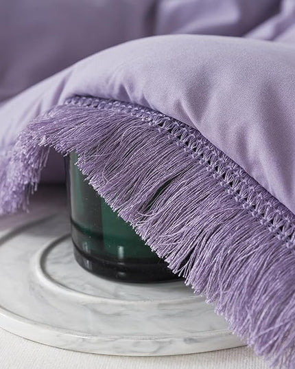 Andency Grayish Lavender Purple Comforter Set Queen, Boho Tassel Lightweight Bedding Comforter Sets, 3 Pieces All Season Soft Fluffy Fringe Bed Set (90x90In Comforter & 2 Pillowcases) - LeafyLoom
