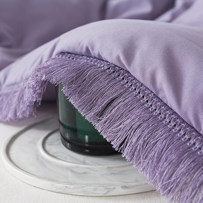 Andency Grayish Lavender Purple Comforter Set Queen, Boho Tassel Lightweight Bedding Comforter Sets, 3 Pieces All Season Soft Fluffy Fringe Bed Set (90x90In Comforter & 2 Pillowcases) - LeafyLoom