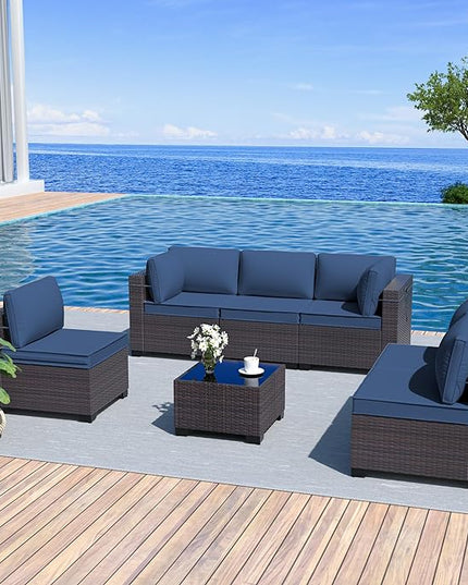 Patio Furniture Set 7-Pieces Outdoor Furniture for Backyard Wicker Sectional Sofa Set, Rattan Patio Conversation Set with Thickened Cushions and Glass Coffee Table, Navy Blue - LeafyLoom