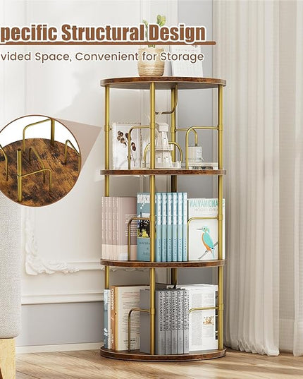 Rotating Bookshelf, 3 Tier Round Revolving Bookcase with Special Visible Partition Storage, 360° Display Spinning Bookshelf Tower Storage Organizer Rack for Bedroom, Living Room, Small Space, Gold - LeafyLoom