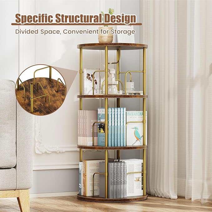 Rotating Bookshelf, 3 Tier Round Revolving Bookcase with Special Visible Partition Storage, 360° Display Spinning Bookshelf Tower Storage Organizer Rack for Bedroom, Living Room, Small Space, Gold - LeafyLoom