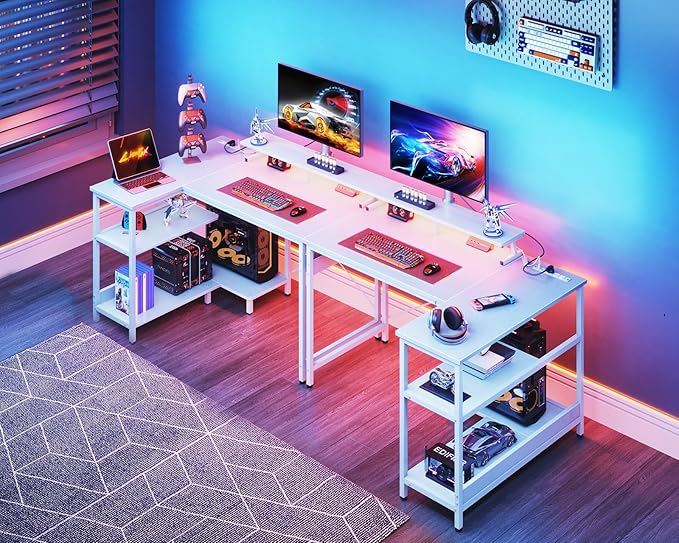 ODK 40 Inch Gaming Desk with USB Charging Ports and LED Lights, Reversible L Shaped Computer Desk with Storage Shelves & Monitor Stand, Corner Home Office Desk Table with Power Outlets, White - LeafyLoom