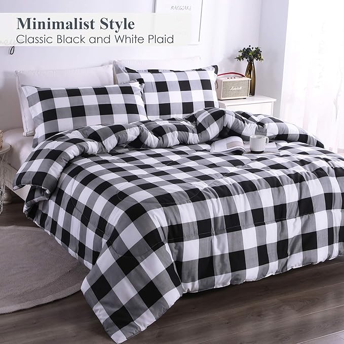 Andency Black Plaid Comforter Set Twin Size (66x90 Inch), 2 Pieces (1 Gingham Comforter and 1 Pillowcase), Summer Lightweight Microfiber Buffalo Check Down Alternative Comforter Set for Kids Boys - LeafyLoom