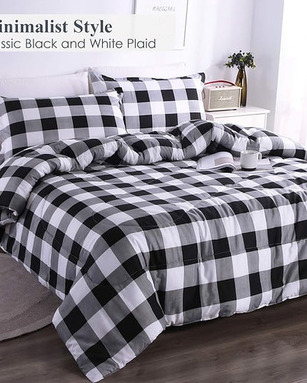 Andency Black Plaid Comforter Set Queen Size (90x90 Inch), 3 Pieces (1 Gingham Comforter and 2 Pillowcases), Summer Lightweight Microfiber Buffalo Check Down Alternative Comforter Set - LeafyLoom
