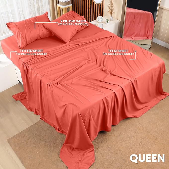 Utopia Bedding Queen Bed Sheets Set - 4 Piece Bedding - Brushed Microfiber - Shrinkage and Fade Resistant - Easy Care (Queen, Coral) - LeafyLoom