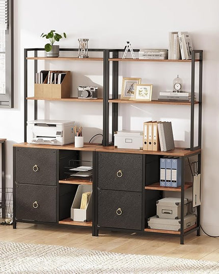 HOOBRO File Cabinet, Filing Cabinet with Charging Station, office cabinet with Bookshelf and Open Storage Shelf, for Home Office, A4/Letter Size, Nonwovens Drawer, Black and Rustic Brown BFK70UWJ01 - LeafyLoom