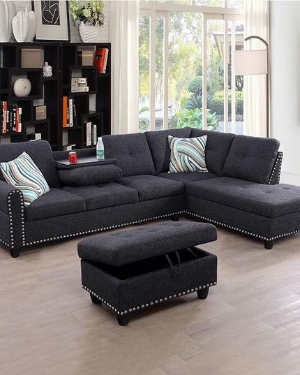 ROOMTEC Modern L Shaped Sectional Sofa with Storage Ottoman, Right Facing Chaise Longue, Reversible Backrest w/ 2 Cup Holders, Linen Tufted Cushions, for Living Room, Apartment, Black Grey - LeafyLoom