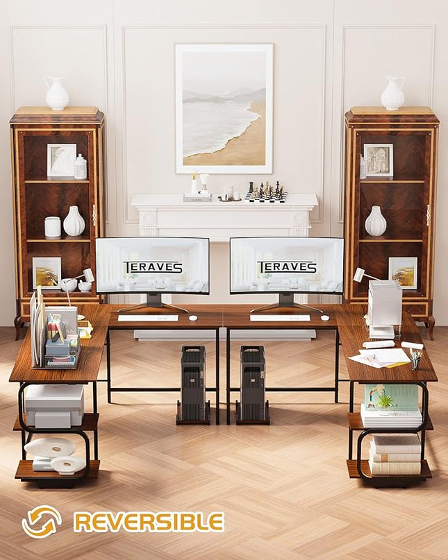 Teraves Reversible L Shaped Desk with Shelves 69“ Corner Computer Desk Gaming Desk Workstation for Home Office - LeafyLoom
