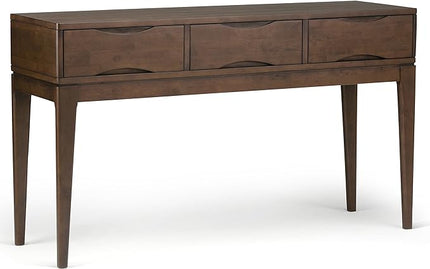 SIMPLIHOME Harper SOLID WOOD 54 inch Wide Mid Century Modern Console Sofa Entryway Table in Walnut Brown with Storage, 3 Drawers , for the Living Room, Entryway and Bedroom - LeafyLoom