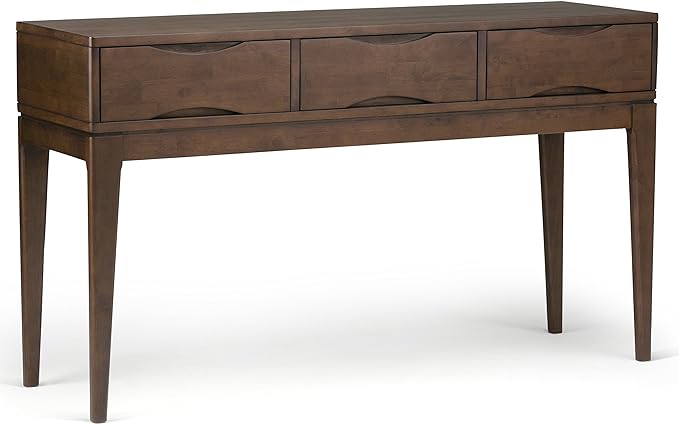 SIMPLIHOME Harper SOLID WOOD 54 inch Wide Mid Century Modern Console Sofa Entryway Table in Walnut Brown with Storage, 3 Drawers , for the Living Room, Entryway and Bedroom - LeafyLoom