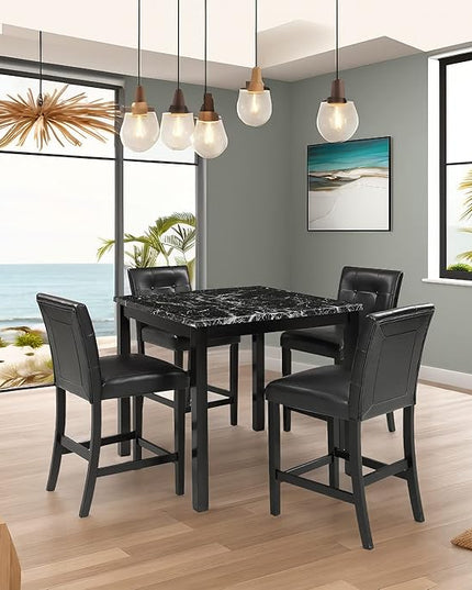 Farmhouse Style 4 PU Leather-Upholstered Chairs, Faux Marble Top Counter Height Rectangular Room, Kitchen, Small Place, 5 Piece Dining Table Set, Black 26 - LeafyLoom