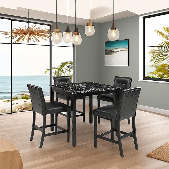 Farmhouse Style 4 PU Leather-Upholstered Chairs, Faux Marble Top Counter Height Rectangular Room, Kitchen, Small Place, 5 Piece Dining Table Set, Black 26 - LeafyLoom