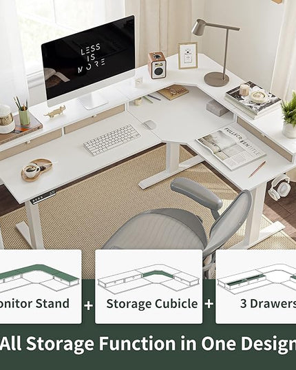 FEZIBO Triple Motor 63" L Shaped Standing Desk with 3 Drawers, Electric Standing Gaming Desk Adjustable Height, Corner Stand up Desk with Splice Board, White Frame/White Top - LeafyLoom