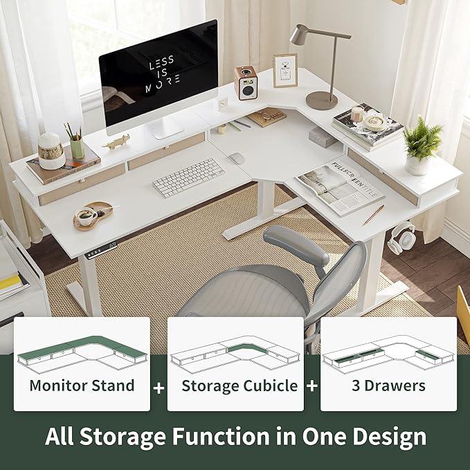 FEZIBO Triple Motor 63" L Shaped Standing Desk with 3 Drawers, Electric Standing Gaming Desk Adjustable Height, Corner Stand up Desk with Splice Board, White Frame/White Top - LeafyLoom