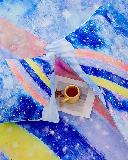 6Pcs Rainbow Bluey Girls Comforter Set Twin Gradient Glitter Bedding Sets Tie Dye Blue Girl Bed Set Soft Galaxy Kids Bed in A Bag with Sheets for All Season - LeafyLoom