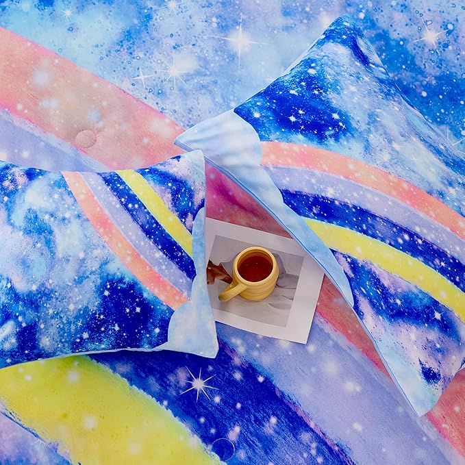 6Pcs Rainbow Girls Comforter Sets Full Size Blue Tie Dye Bed in A Bag for Kids/Teens Sparkle Galaxy Bedding Comforter Set Soft Lightweight Girls Bedding Sets for All Season - LeafyLoom